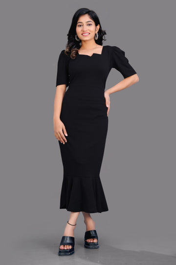 Women & Girl's Puff Sleeve Notch Neck Midi Bodycon Dress