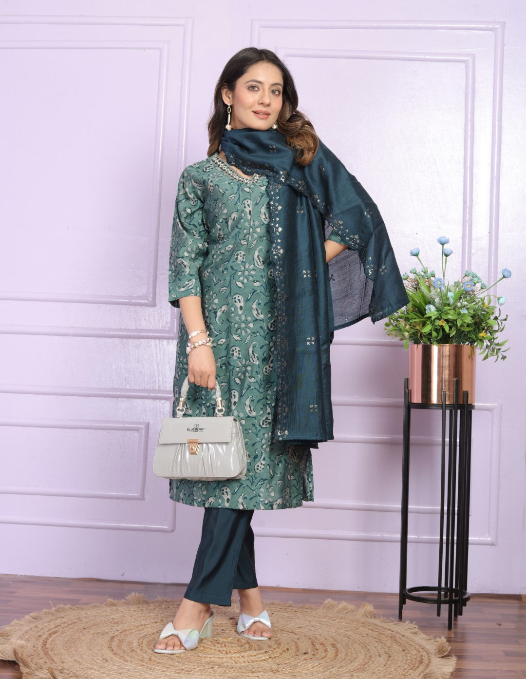 Handwork Silk Designer Salwar Suit in Rama