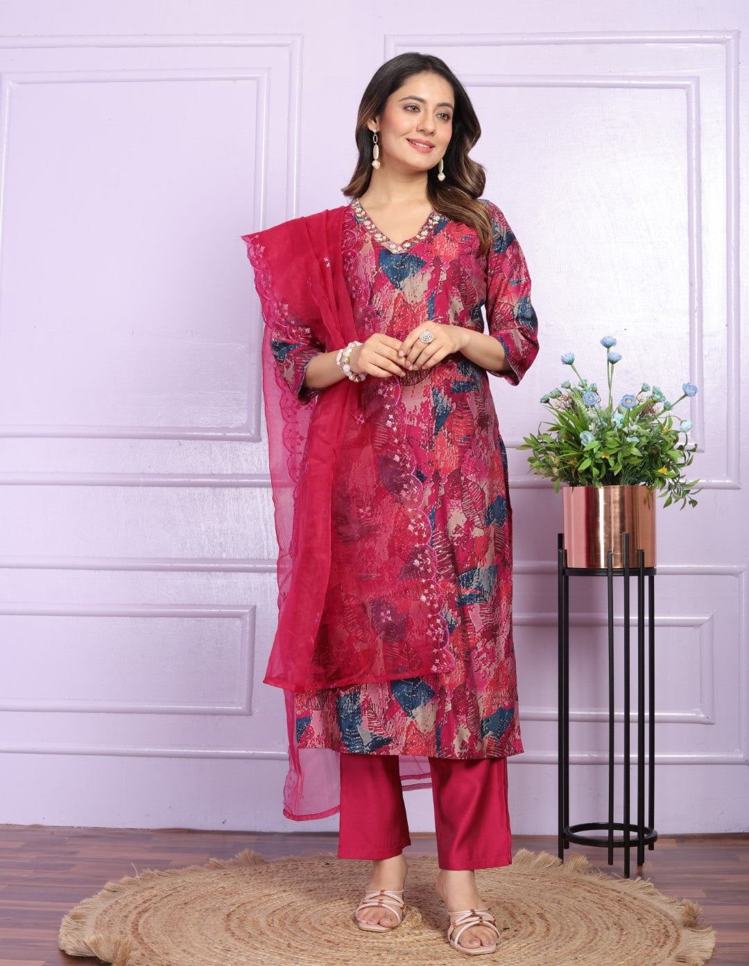 Premium V Neck Modal Silk Kurta Set with Dupatta