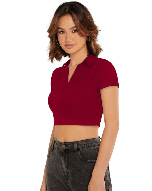 V-Neck Solid Ruched Short Sleeve Maroon Top