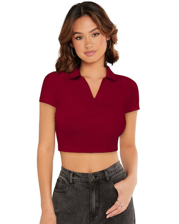 V-Neck Solid Ruched Short Sleeve Maroon Top