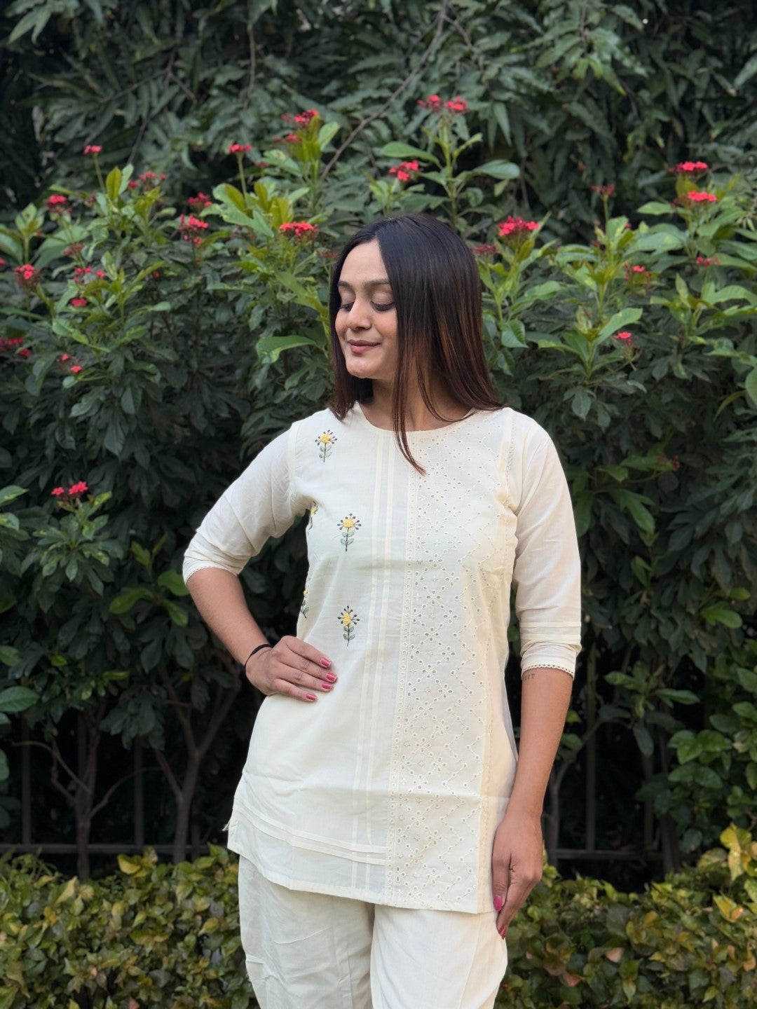 Embroidery Sunflower Pure Cotton White Co-ord Set