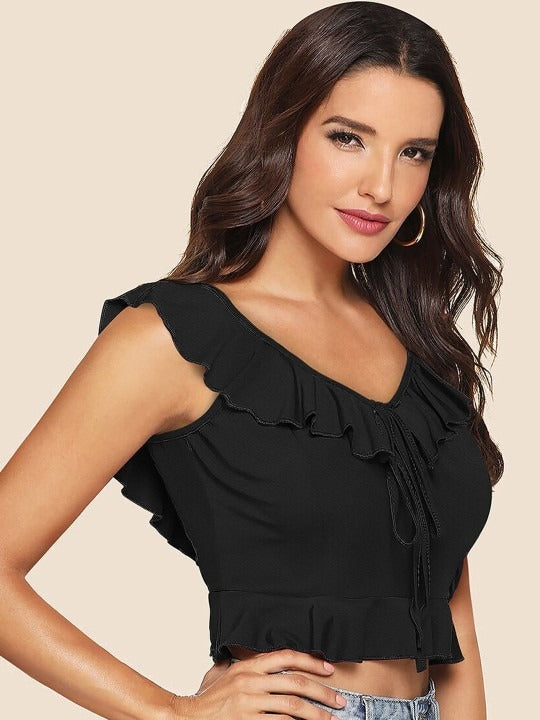 V-Neck Sleeveless Black Crop Top WIth Solid Ruffle Trim Lace