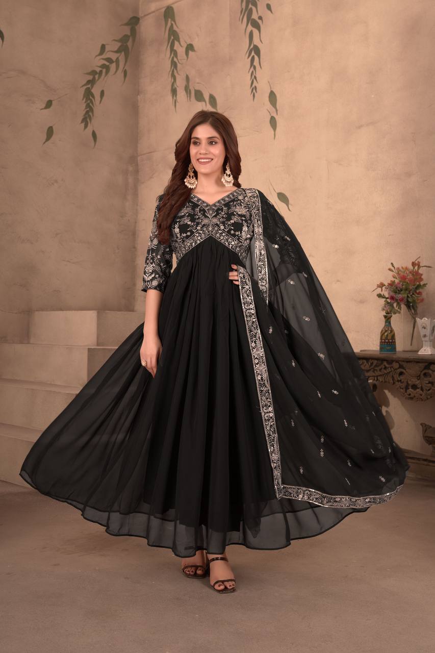 Black Sequin Thread Embroidered Faux Georgette Anarkali Set