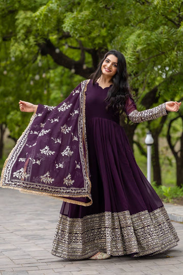 New Designer Party Wear Look Full Heavy Embroidery Sequence Work Gown With Fully Stiched and Dupatta Ready to Wear Collection