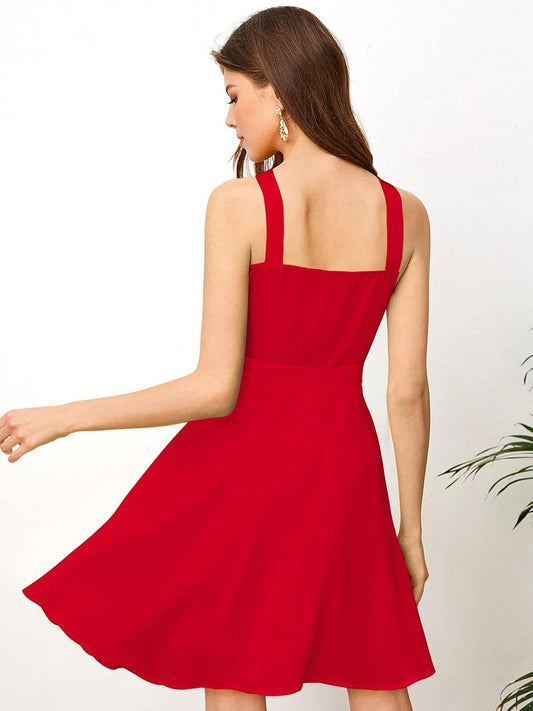 Women's Solid Casual Above Knee Length Sleeves Less Red Dress