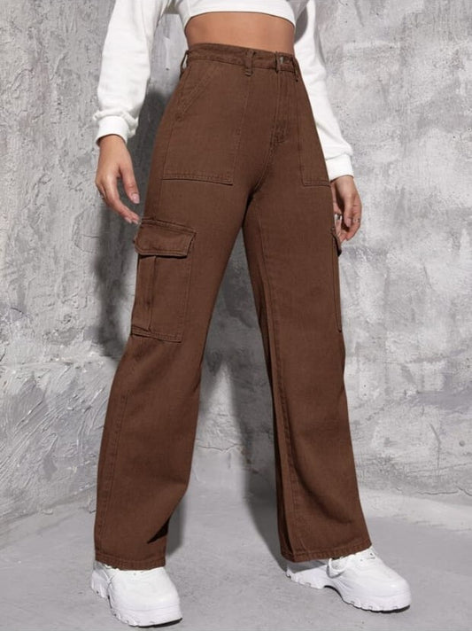 High-Waisted Cargo Style Wide-Leg Trousers in Brown