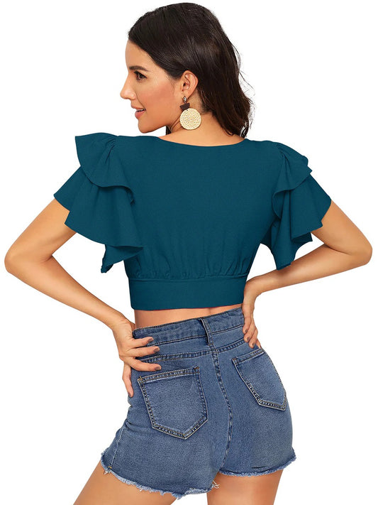 Stylish  Crop Top with Ruffle Sleeves for Casual Outfits