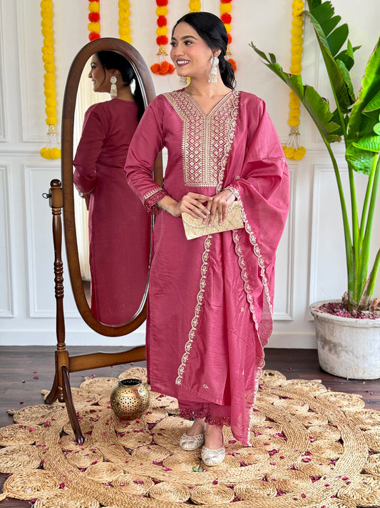 Light maroon Embroidered Straight Kurta Sets