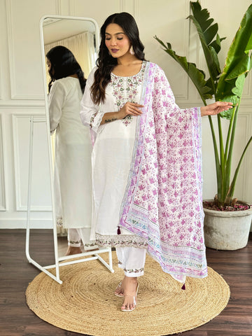 White Embroidered Straight Kurta Sets