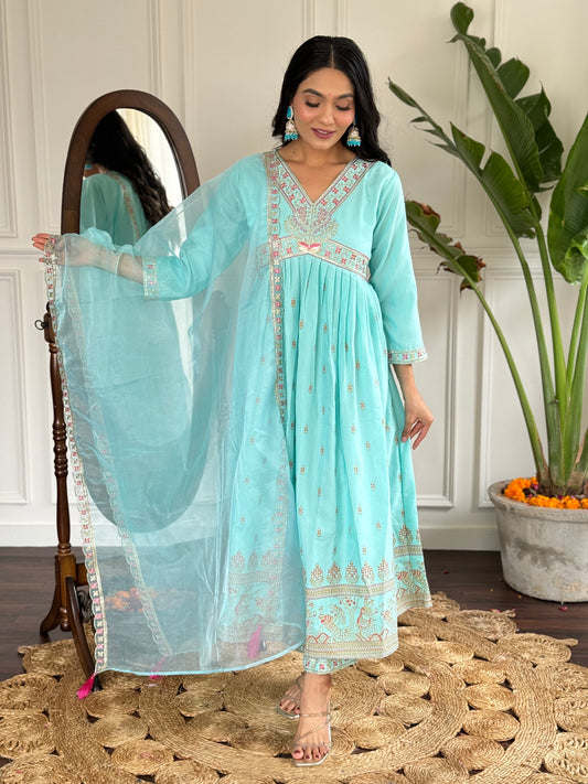 Women Embroidered Flared Kurta with Pants & Dupatta