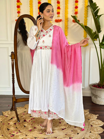 White Viscose Chanderi Embroidered Straight Kurta Sets