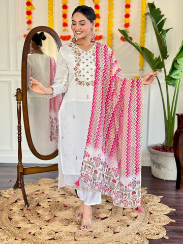 White Kurta Pant set with Digital Print Dupatta