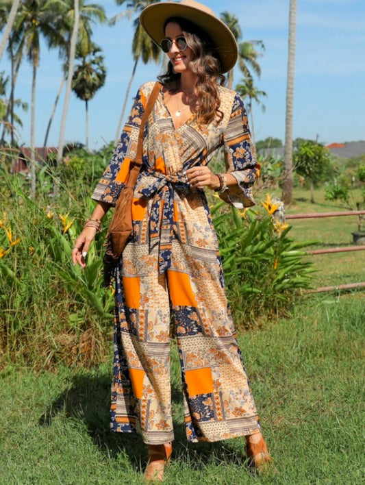 Patchwork Print Belted Wide Leg Jumpsuit