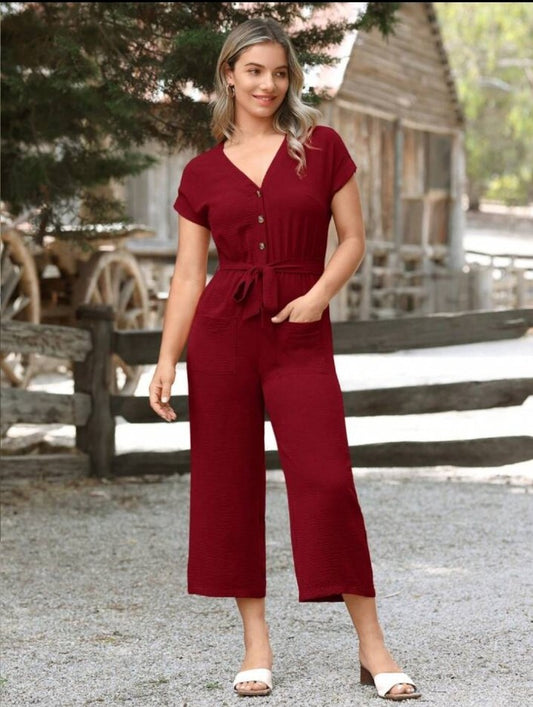 Women's Solid Color Short Sleeve Jumpsuit With Pockets