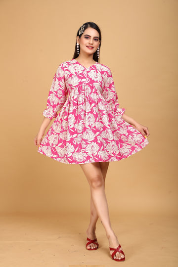 Pink Blossom Pleated Flare Dress with Three-Quarter Sleeves