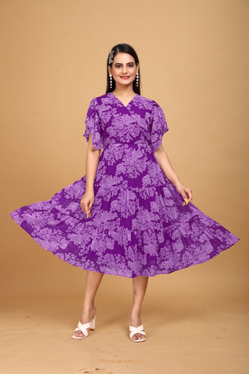 Vibrant Purple Floral Print Midi Flare Dress