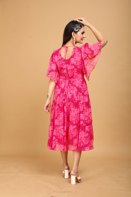 Floral Fantasy Pink Midi Dress with Sheer Sleeves