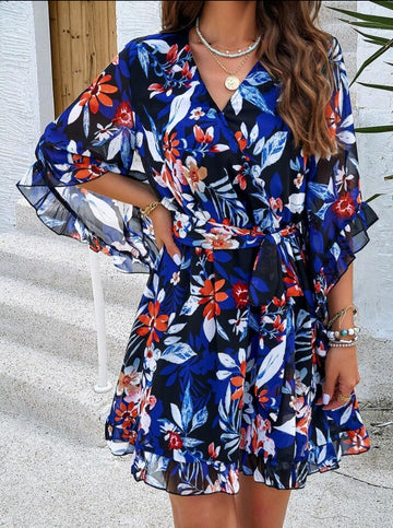 Floral Print Ruffle Hem Tie Waist Bell Sleeve Dress