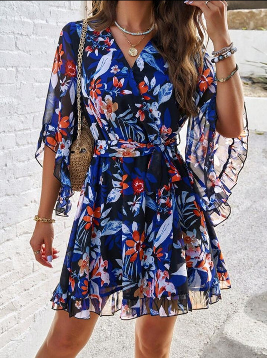 Floral Print Ruffle Hem Tie Waist Bell Sleeve Dress