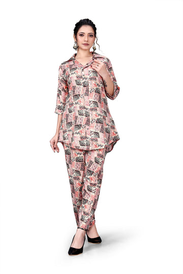 Women's Rayon Co-Ord Set with Pattern - Long Sleeve, V-Neck, Regular Fit