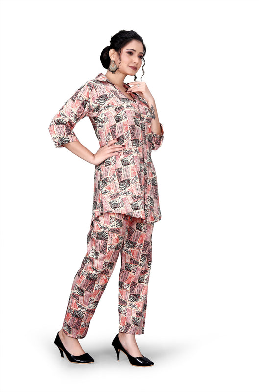 Women's Rayon Co-Ord Set with Pattern - Long Sleeve, V-Neck, Regular Fit