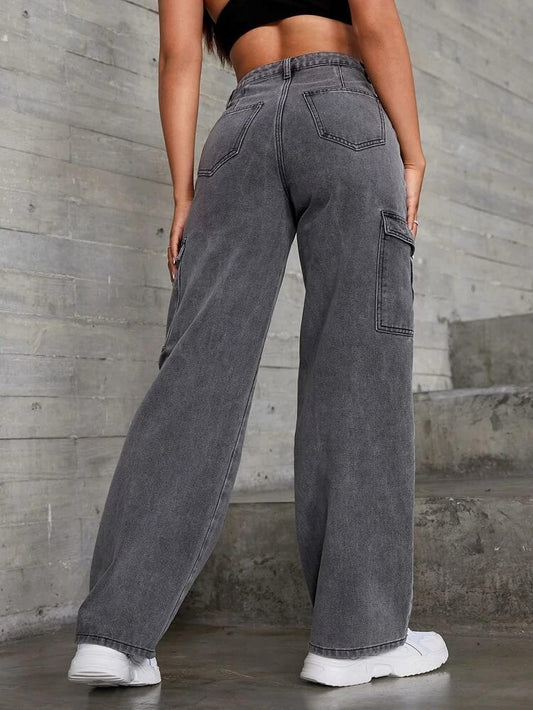 Charcoal Wide-Leg Cargo Jeans