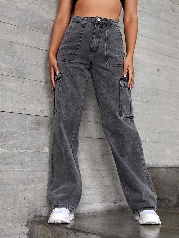 Charcoal Wide-Leg Cargo Jeans