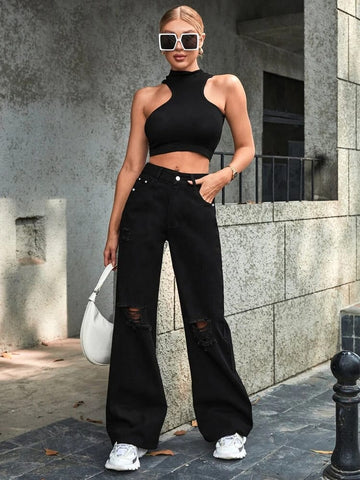 Women Wide Leg High-Rise Slash Knee Stretchable Jeans