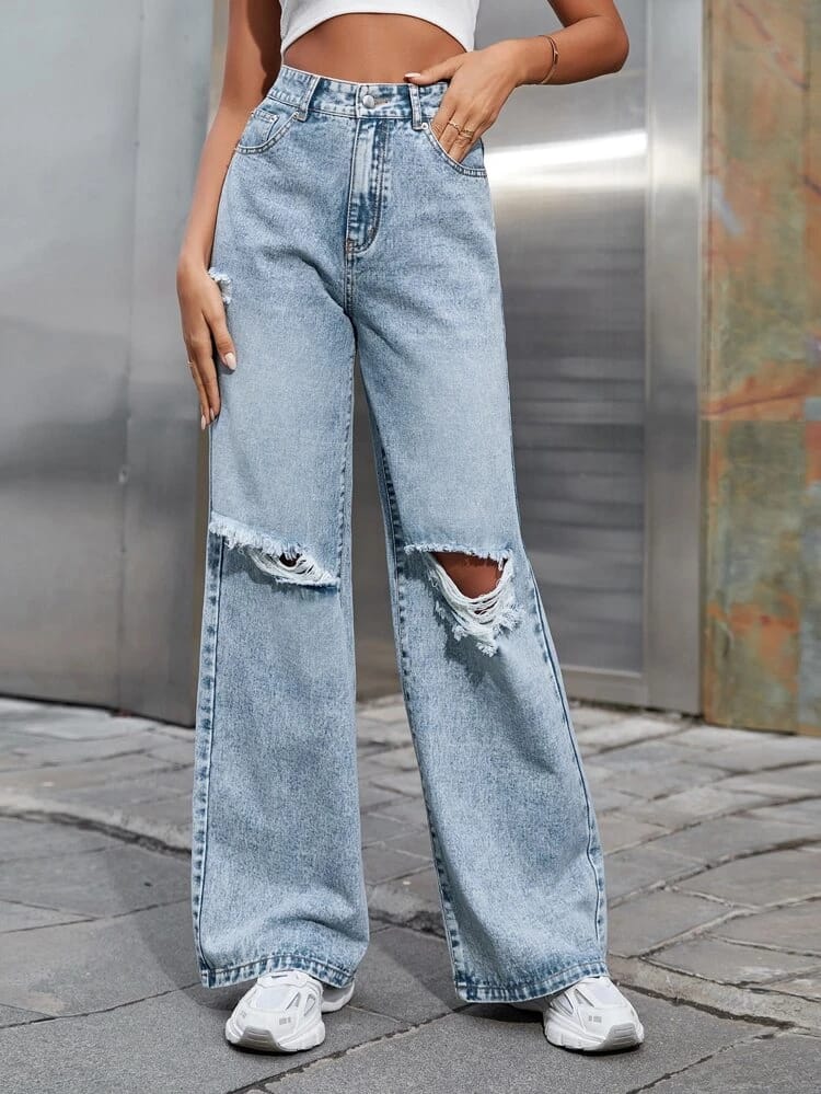 High Waist Ripped Cut Out Wide Leg Jeans